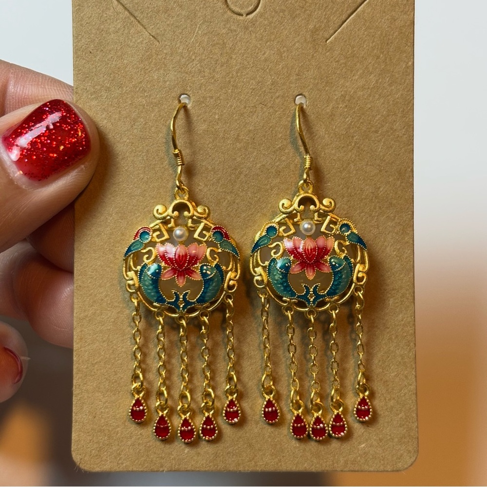 Vintage-Inspired Floral Dangle Women’s Earrings, Faux Pearl Accent, Fish & Lotus